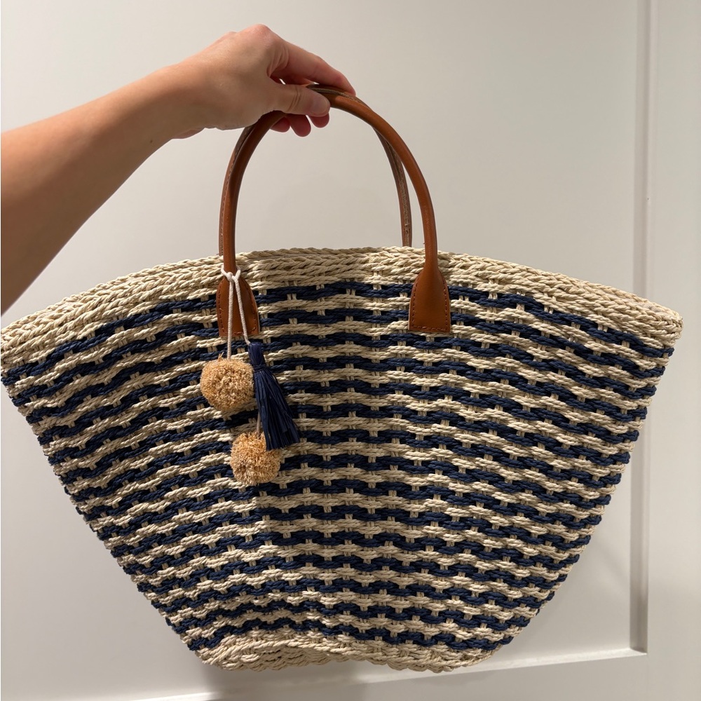 Barney’s New York Striped Navy and Cream Woven Tote Bag